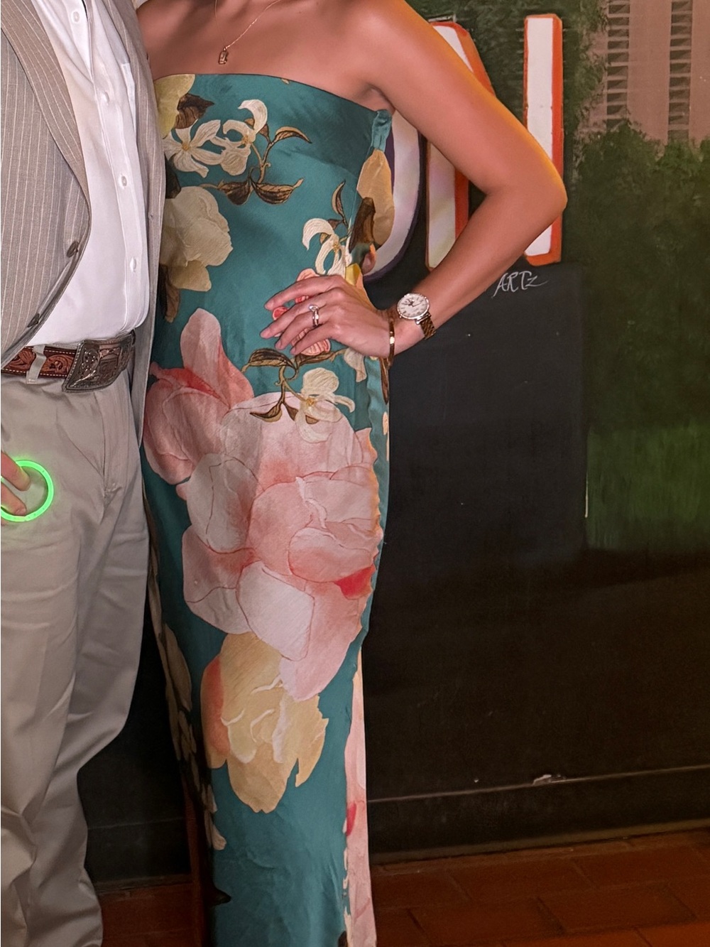 Strapless Teal Floral Maxi Dress
